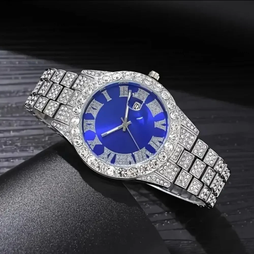 Mens Simulated Diamond Cuban Link With Blue Face Watch